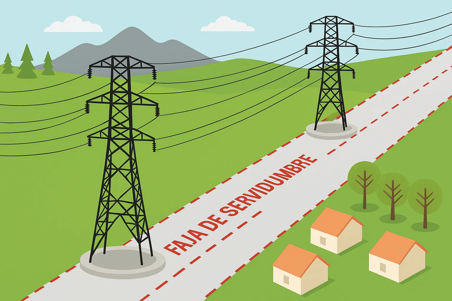 Ilustración de franja de servidumbre eléctrica con torres de alta tensión en zona rural