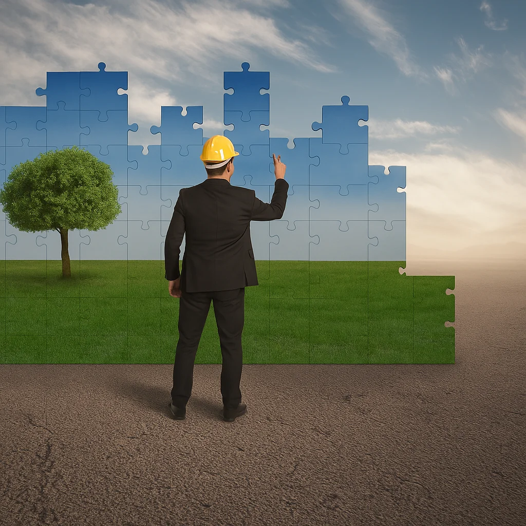 Línea eléctrica cruzando valle rural con zonas habitadas