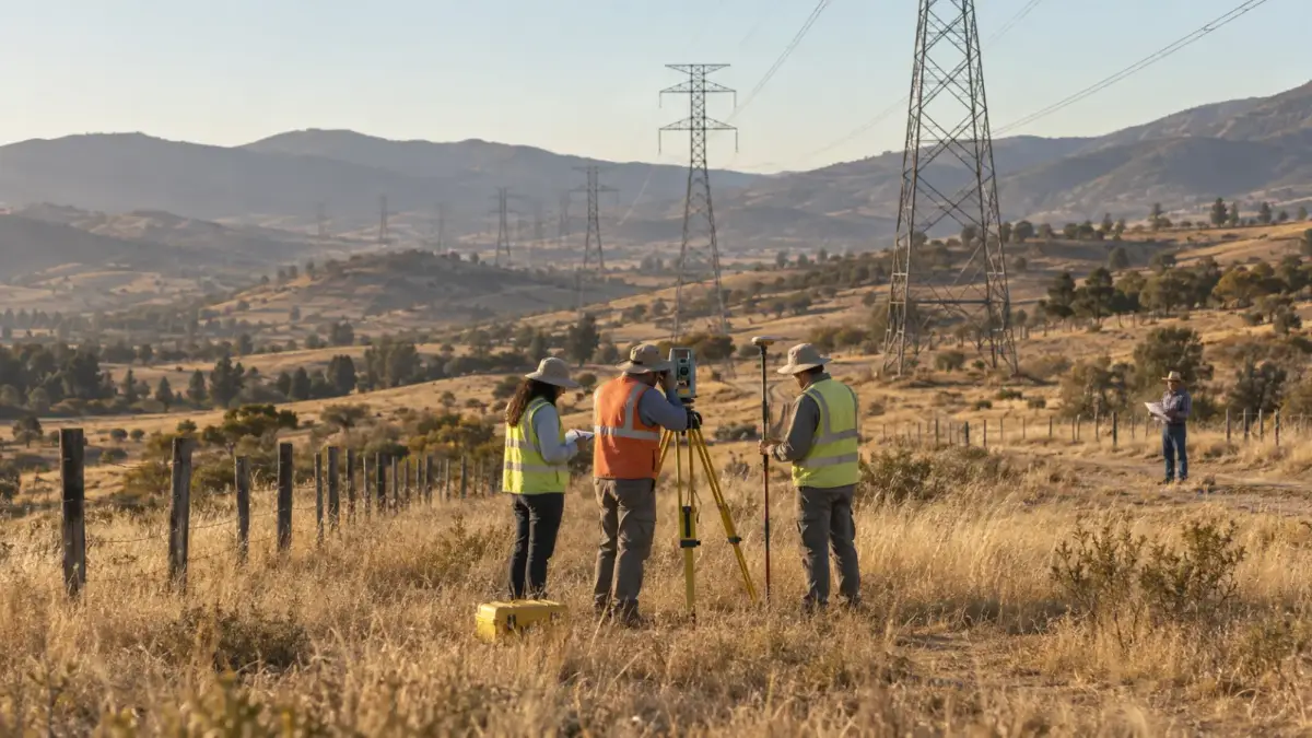 Tasadores midiendo la franja bajo torres de alta tensión: comisión tasadora en servidumbre eléctrica
