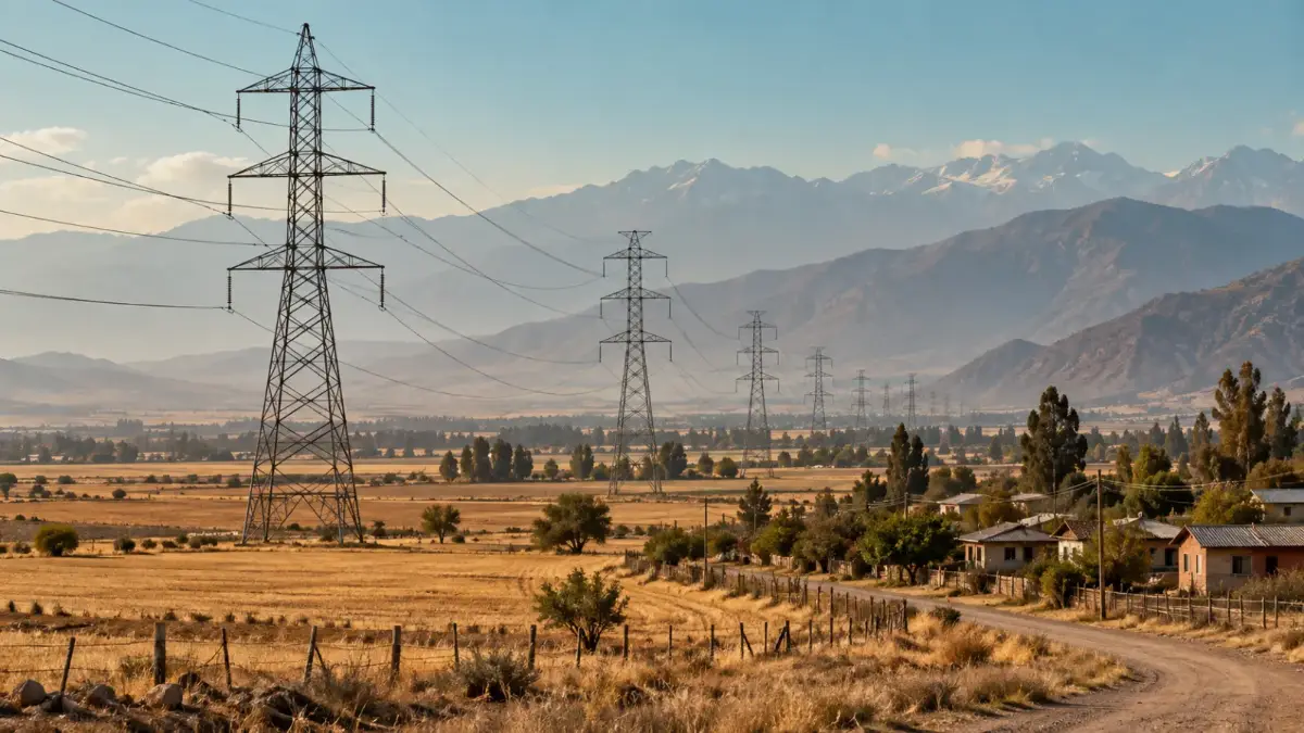 Torres de alta tensión junto a campos y viviendas rurales en Chile, ejemplo de cuándo corresponde DIA o EIA