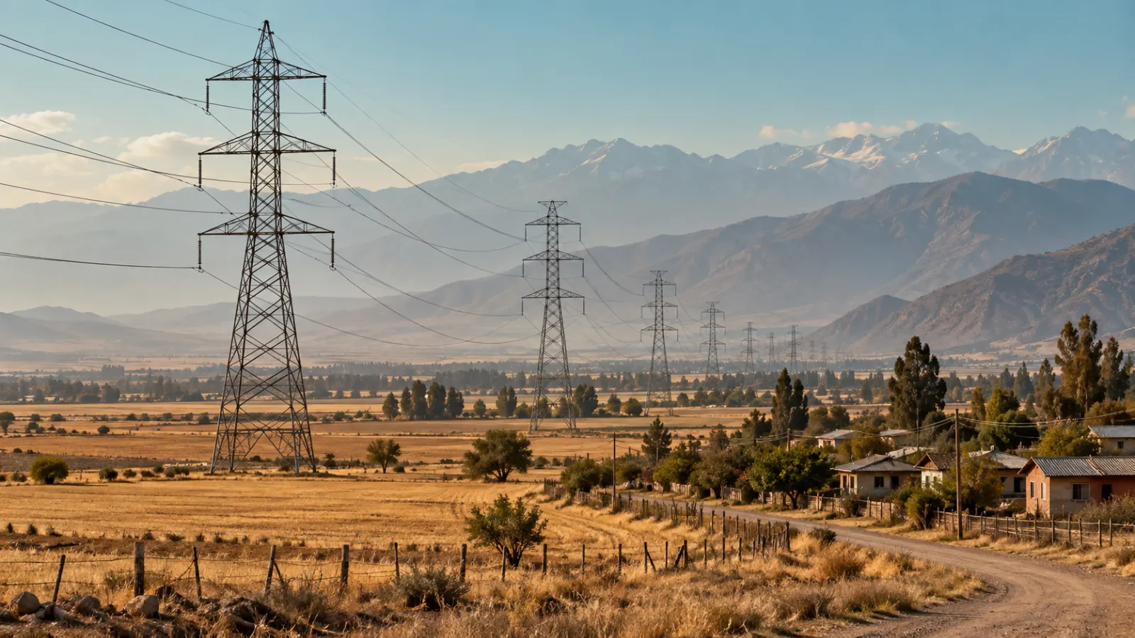 Torres de alta tensión junto a campos y viviendas rurales en Chile, ejemplo de cuándo corresponde DIA o EIA