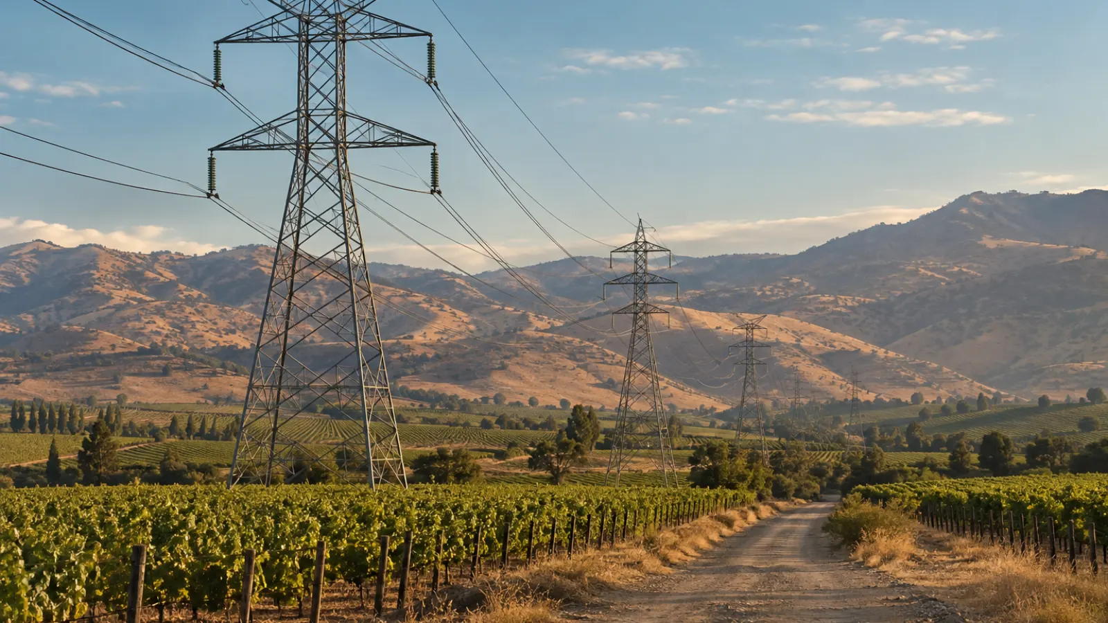 Torres de alta tensión sobre un predio agrícola en Chile, base de la indemnización servidumbre eléctrica