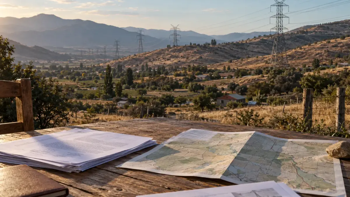 Torres de alta tensión sobre un valle de Chile central, con documentos legales en primer plano; invalidación RCA