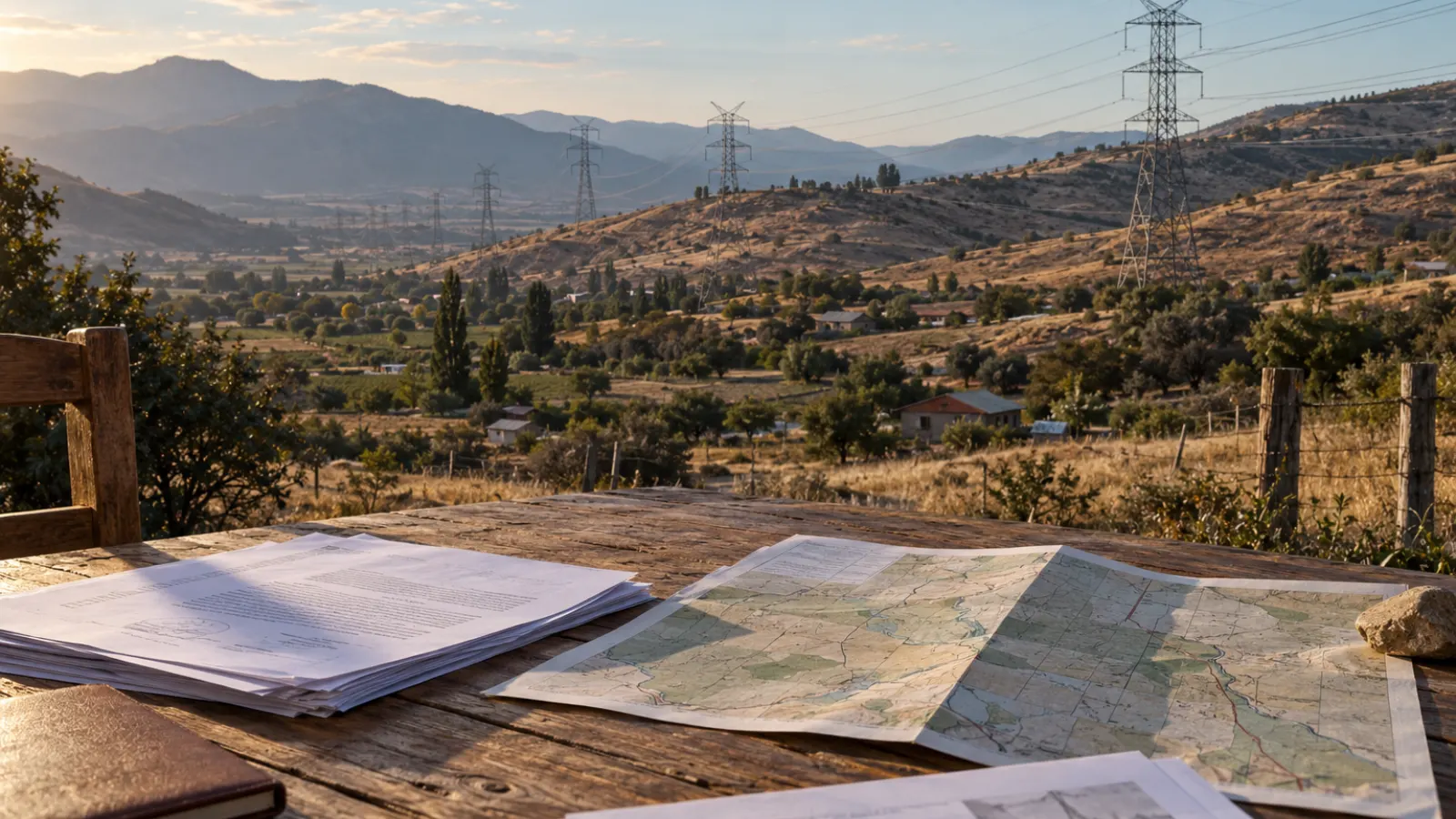 Torres de alta tensión sobre un valle de Chile central, con documentos legales en primer plano; invalidación RCA