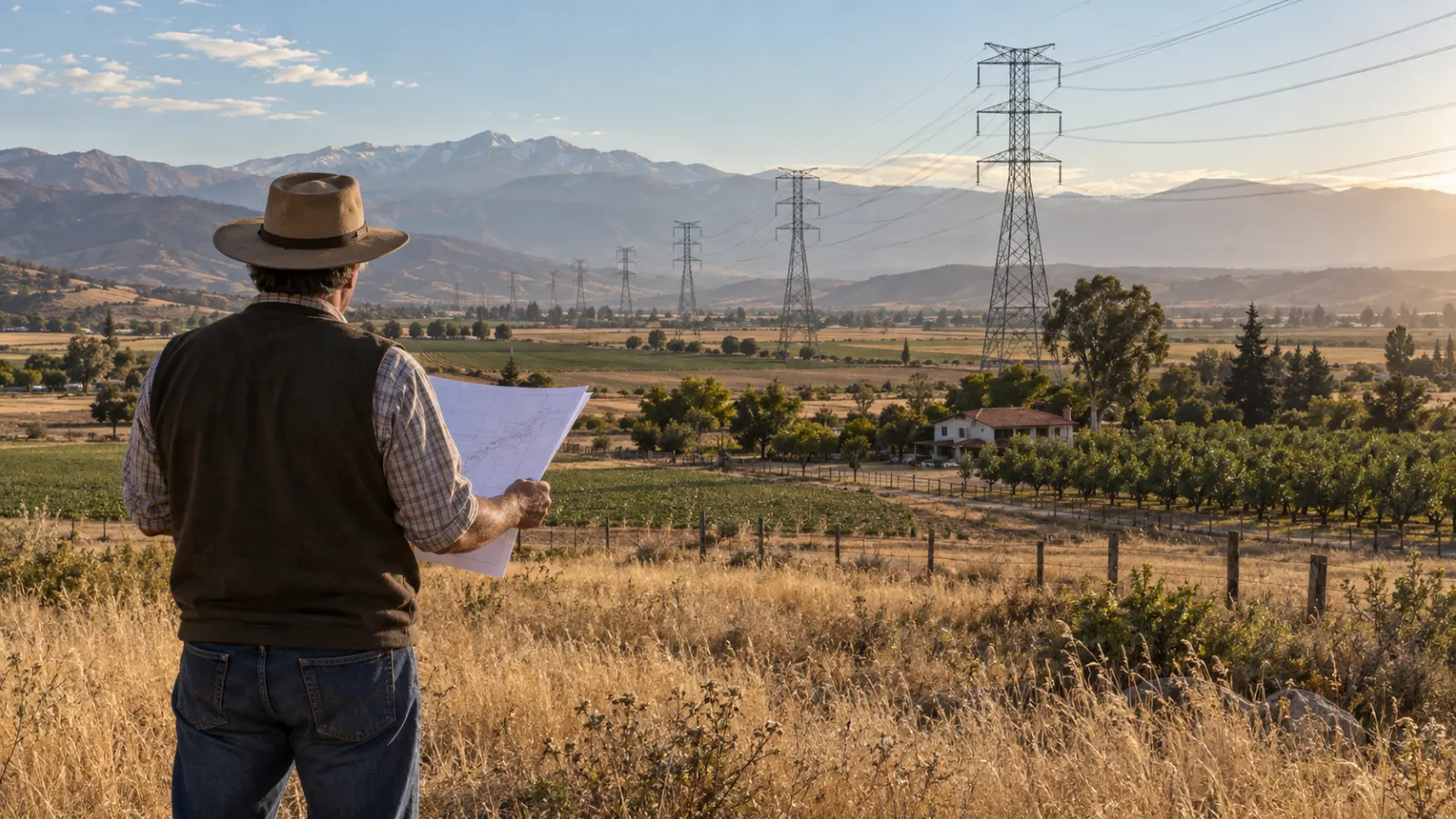 Propietario revisa planos frente a torres de alta tensión: oposición a concesión eléctrica definitiva ante la SEC