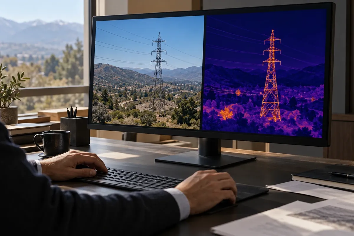 Pantalla mostrando la misma torre en imagen normal y en imagen termográfica durante el análisis en gabinete