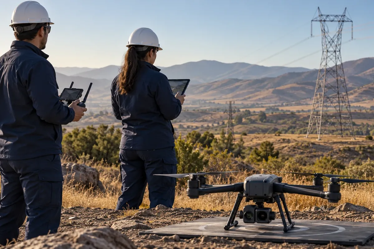 Dos profesionales con casco operando un dron frente a una torre de alta tensión en un valle