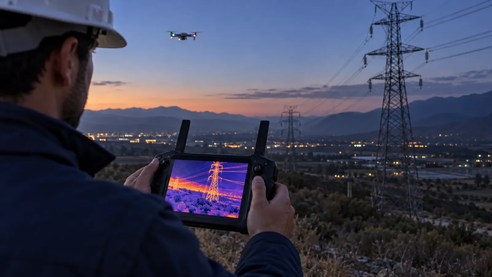Operador de dron revisando en pantalla la imagen termográfica de una torre de alta tensión