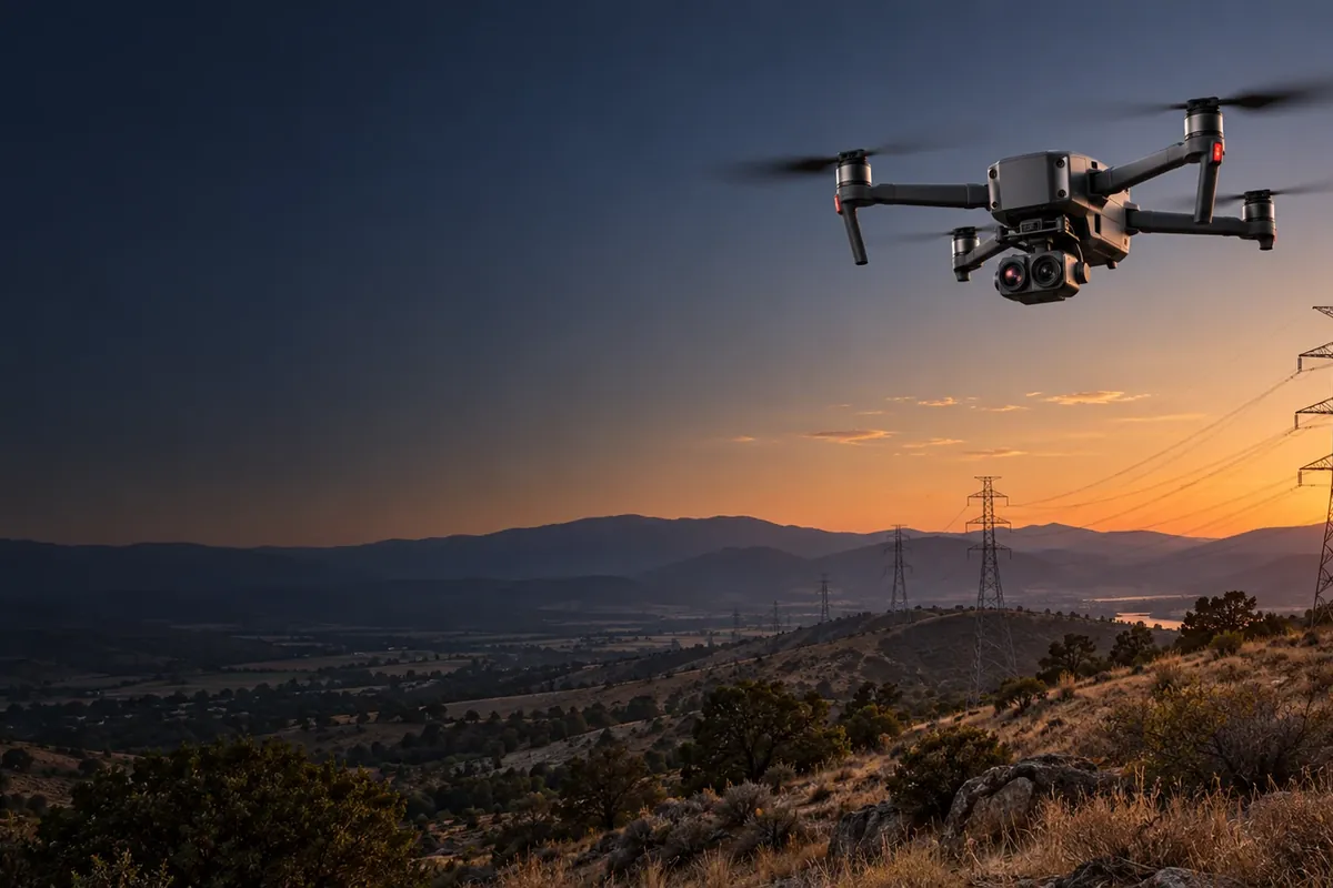 Dron en vuelo al atardecer sobre una línea de transmisión eléctrica